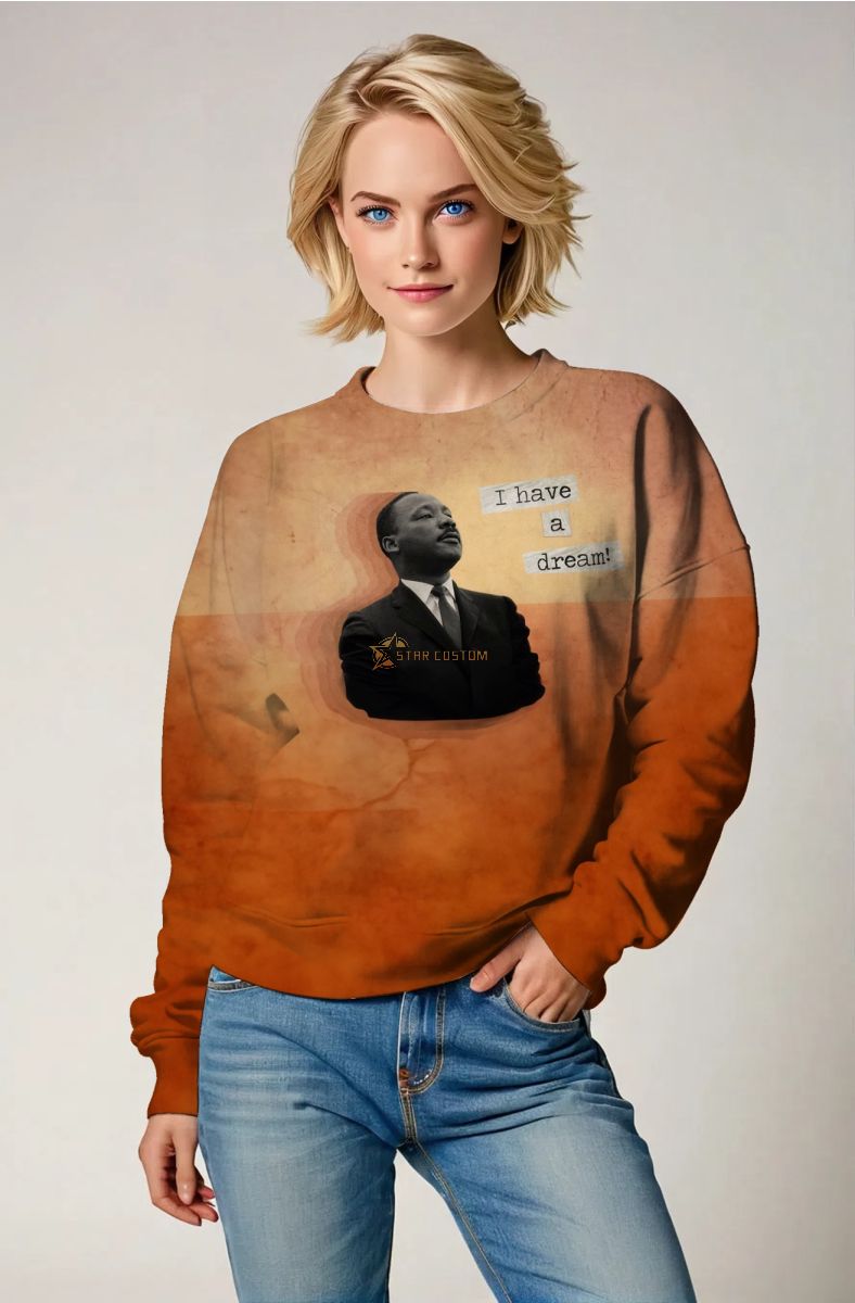 Vintage Unique Martin Luther King Print Orange Crewneck Sweatshirt