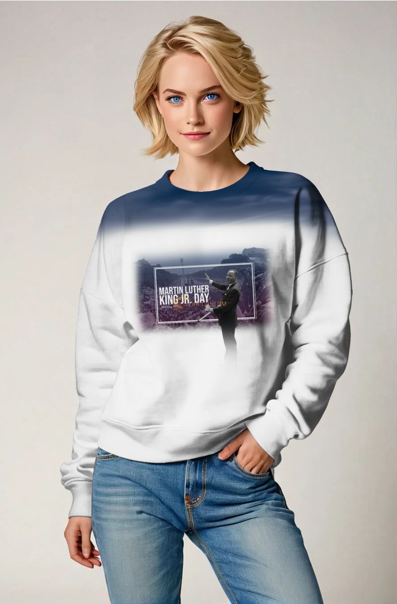 Gradient Blue Printed Graphic Martin Luther King White Crewneck Sweatshirt