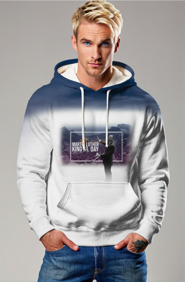 MLK Inspired Gradient Blue Print Casual White Hooded Sweater