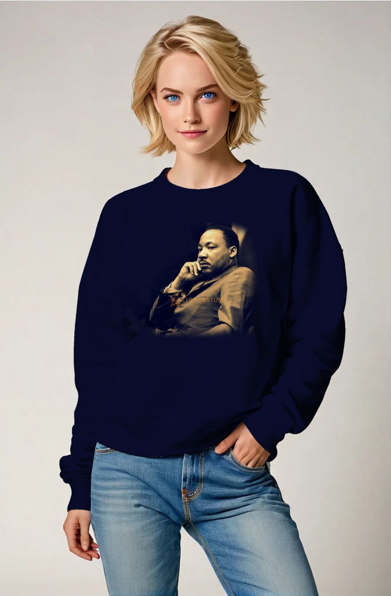Vivid Dark Blue Martin Luther King Print Crewneck Sweatshirt