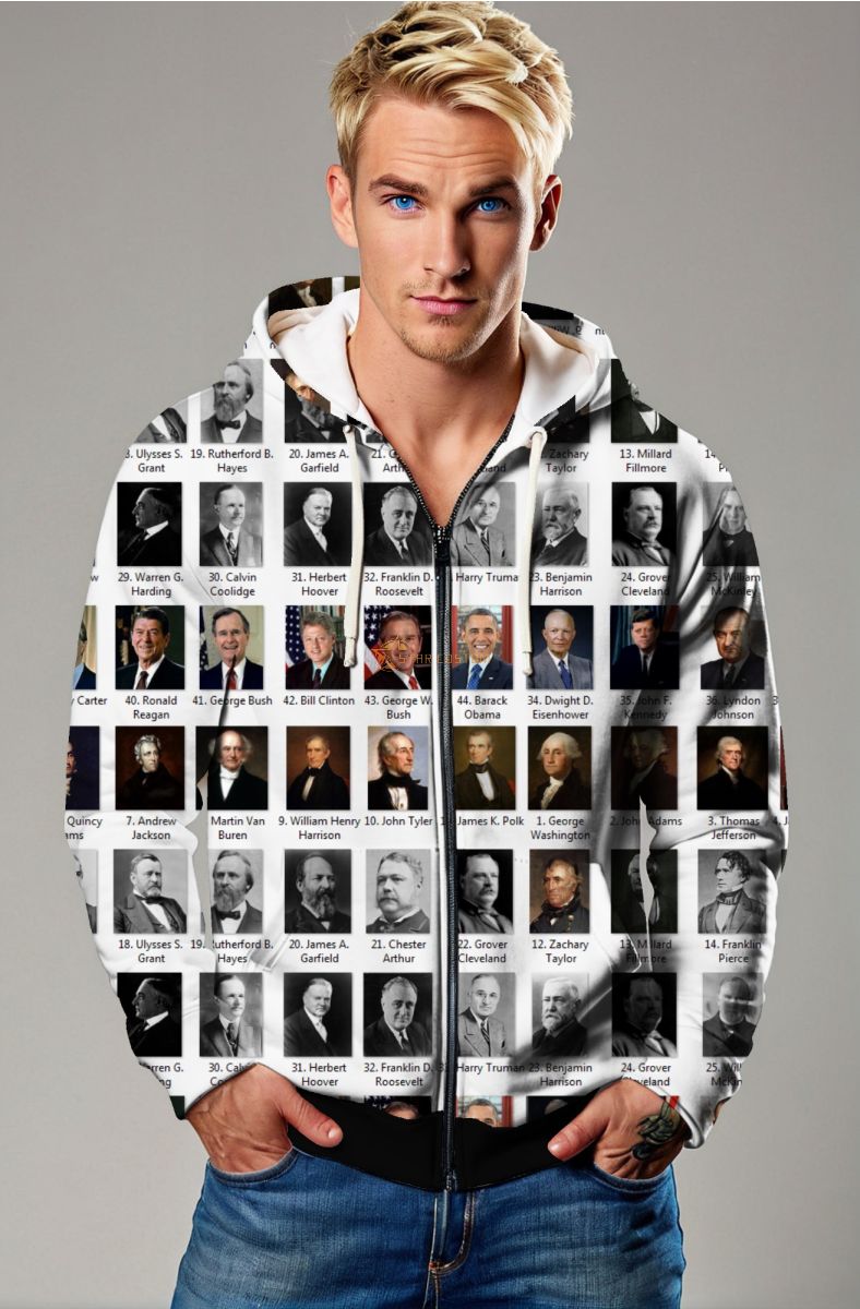 Presidential Portraits Comfy Zip Hoodie Black and White Print