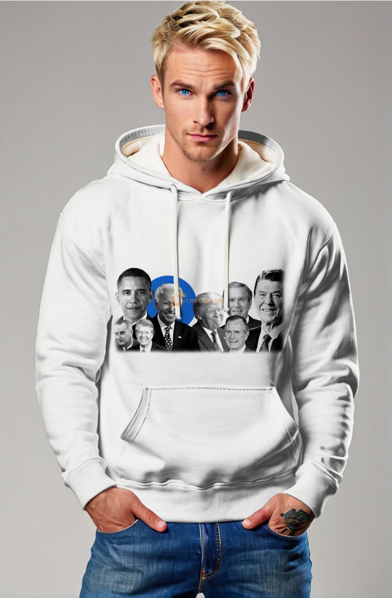 Presidential Memorial White Hoodie with Black and White Portrait Print