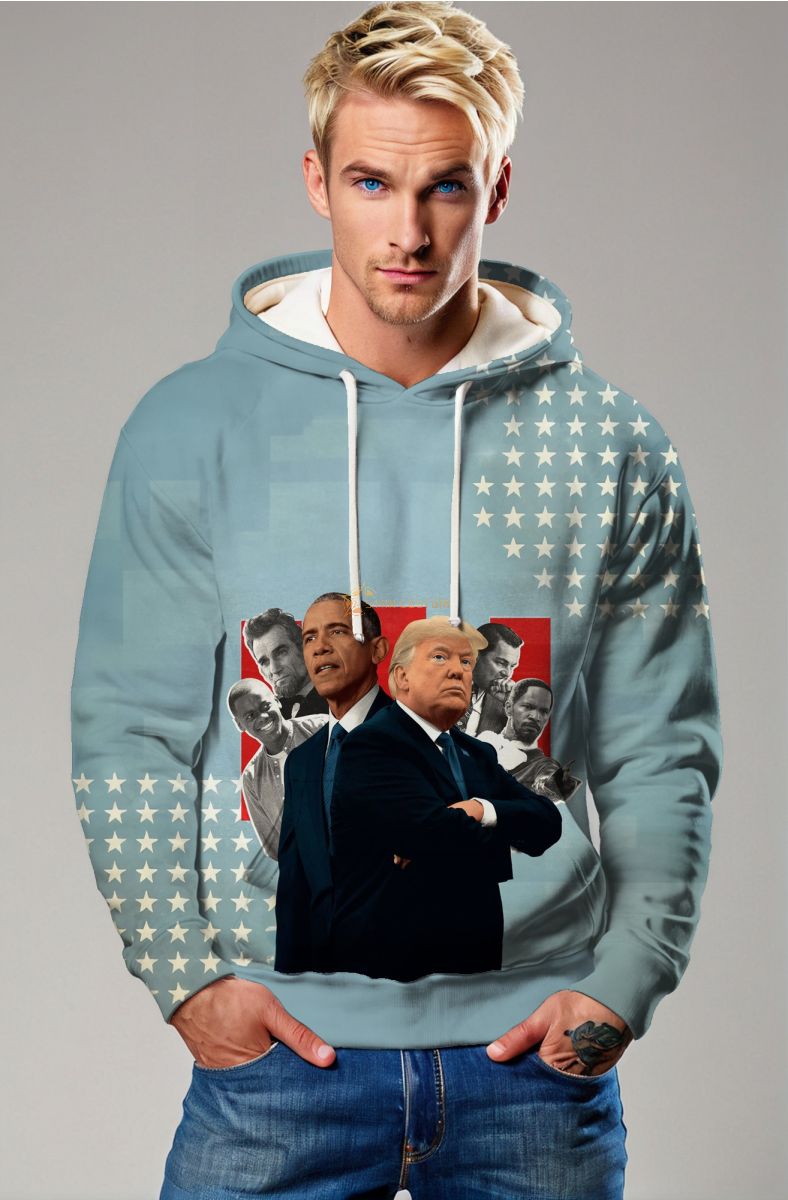 Presidential Memorial Blue Hoodie With Realistic Obama and Trump Portraits