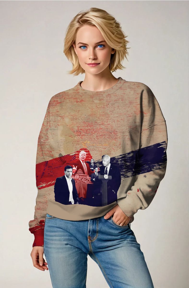 Vintage Cool Red Blue Presidential Print Khaki Crewneck Sweatshirt