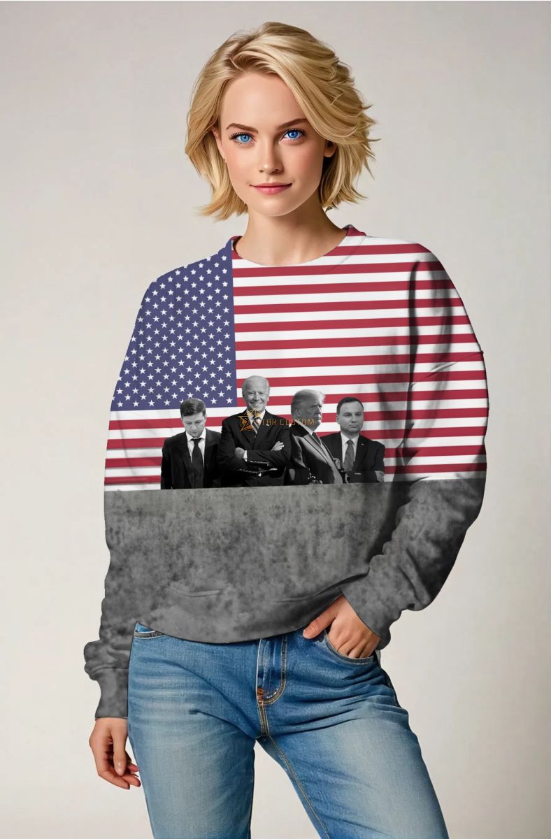 Presidential Memorial Red Crewneck Sweatshirt with Giant US Flag and Black White Portraits