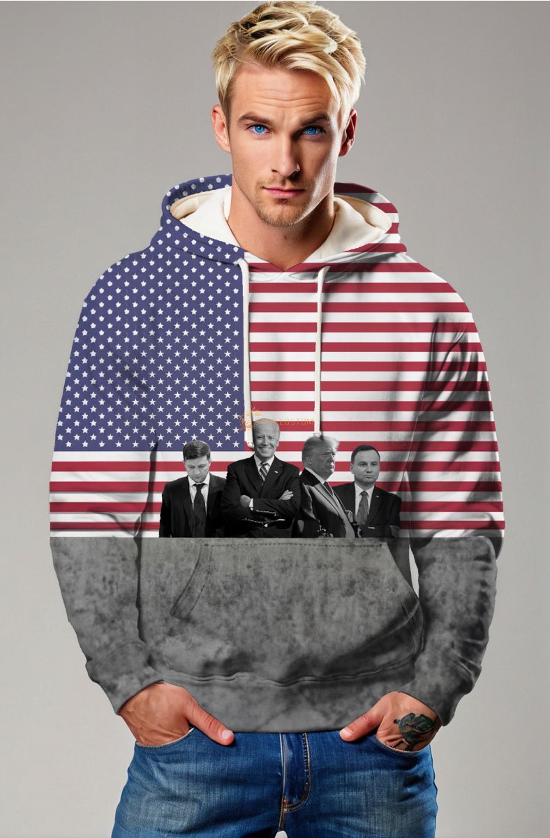 Presidential Memorial Red Comfortable Hoodie with American Flag and Presidents Silhouette Print