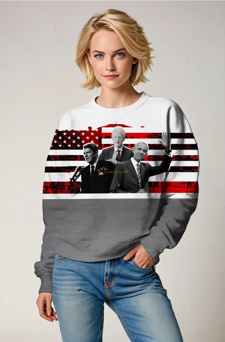Patriotic American Flag Presidential Portrait White Crewneck Sweatshirt
