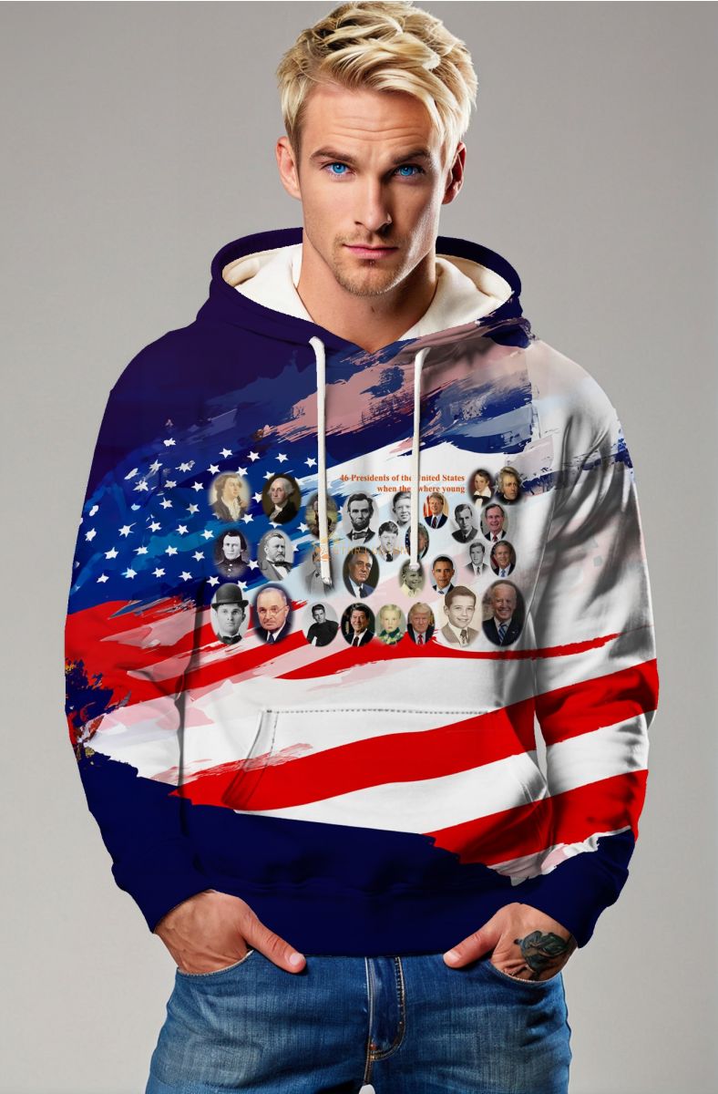 American Flag Presidents Print Blue Hooded Sweatshirt