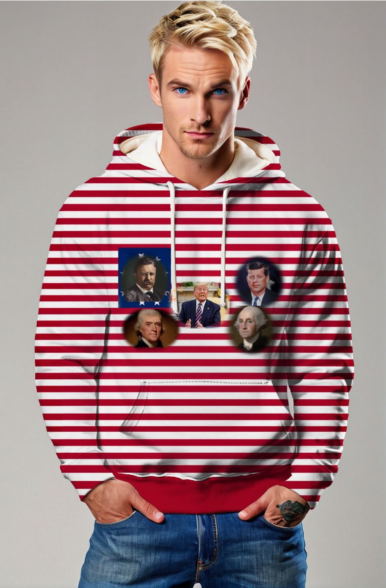 Red White Striped Presidential Print Hoodie