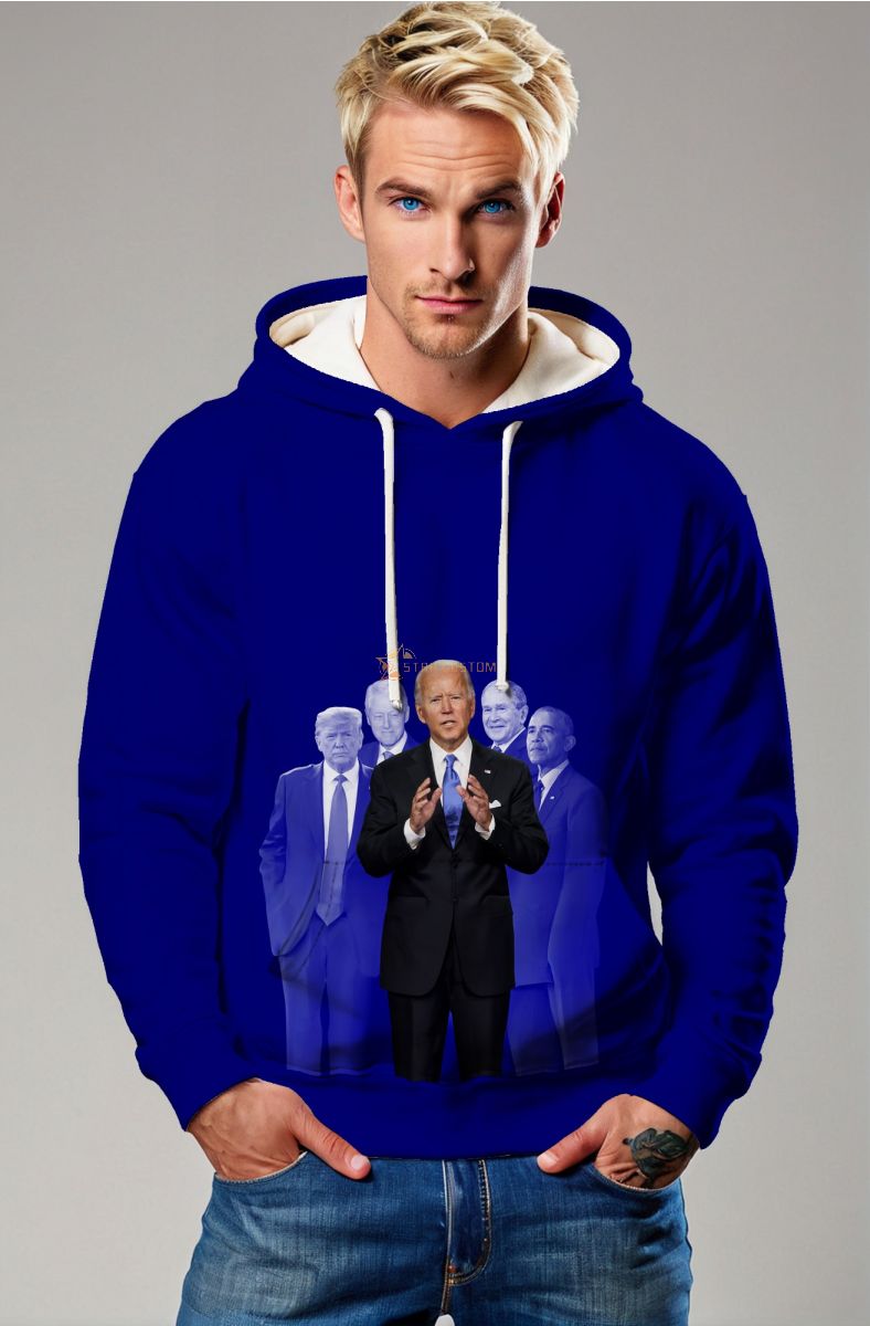 Blue Presidential Memorial Hoodie with Modern Portraits of US Presidents