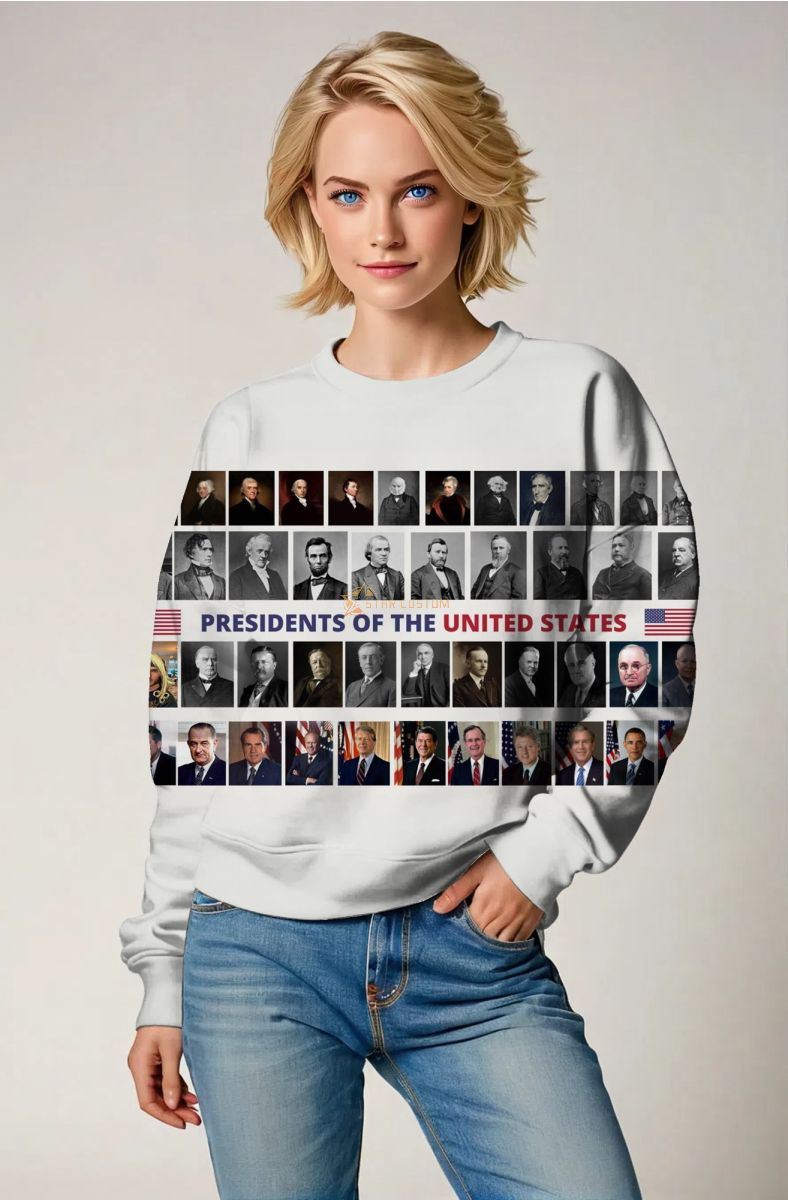 Comfortable Relaxed Fit White Presidential Memorial Graphic Crewneck Sweatshirt