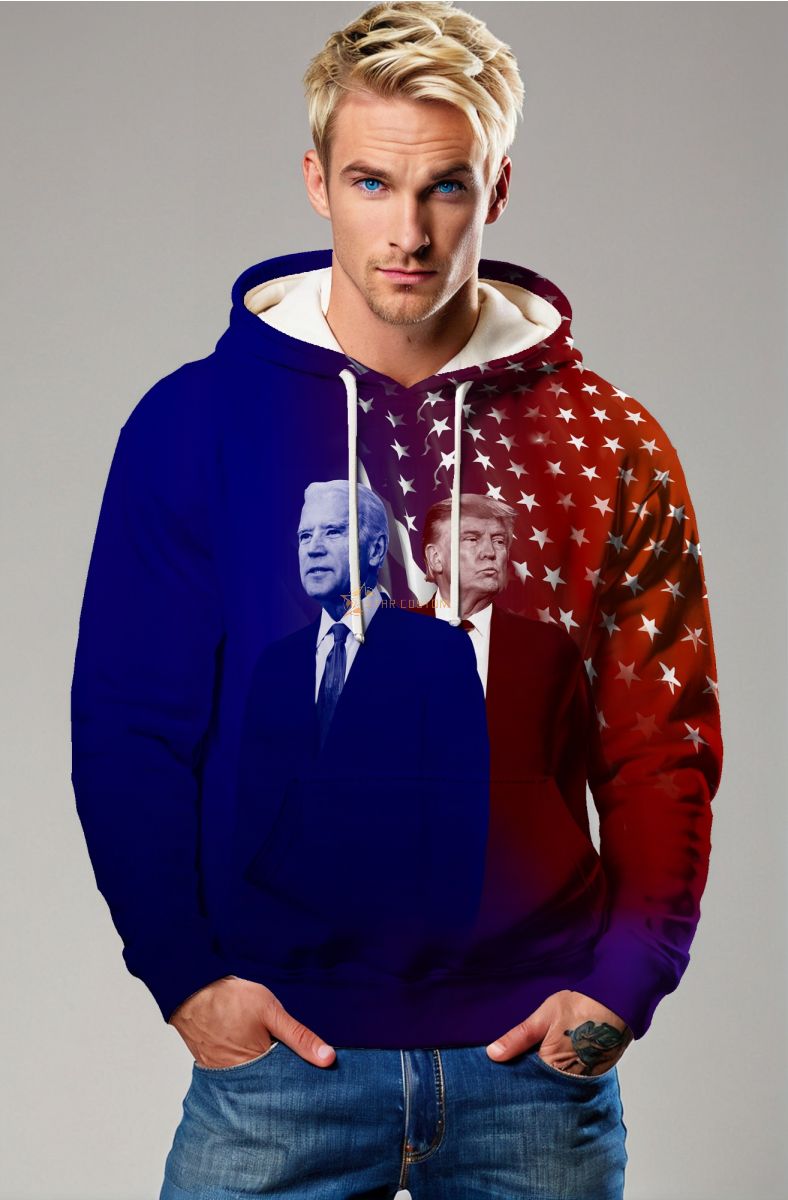 Blue Red Presidential Memorial Hoodie with Biden and Trump Print