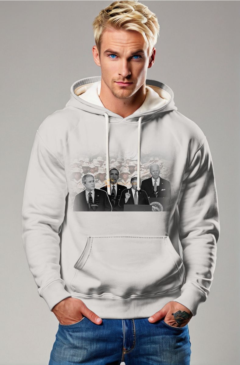 Presidential Memorial White Comfort Hoodie with Black and White Soldier and President Print