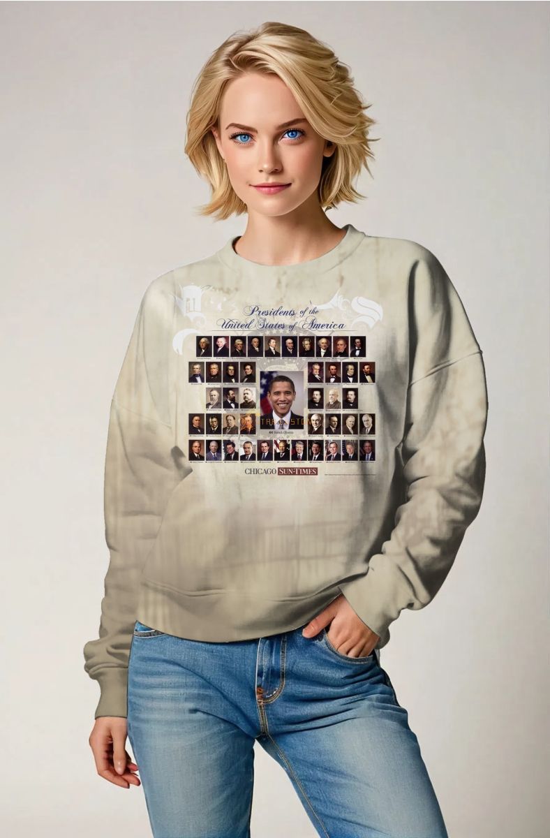Presidential Portrait Blue Fashion Stamp Print Crewneck Sweatshirt