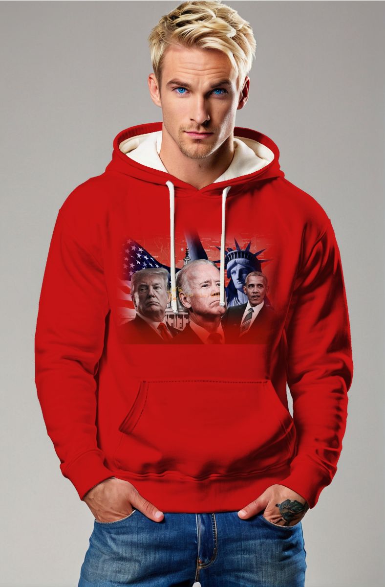 Presidential Memorial Red Hoodie with Trump Biden and Obama Portraits and American Flag Design