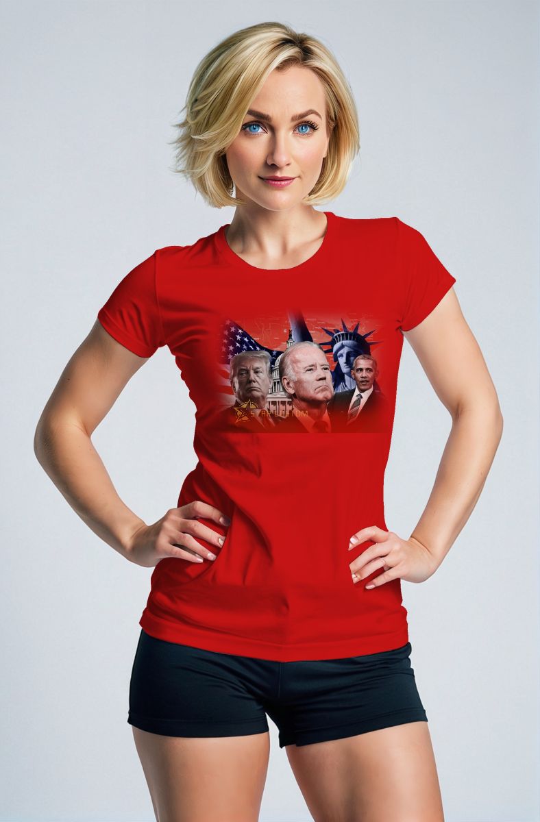 Presidential Memorial Loose Fit Red Casual TShirt with US Flag and Statue of Liberty