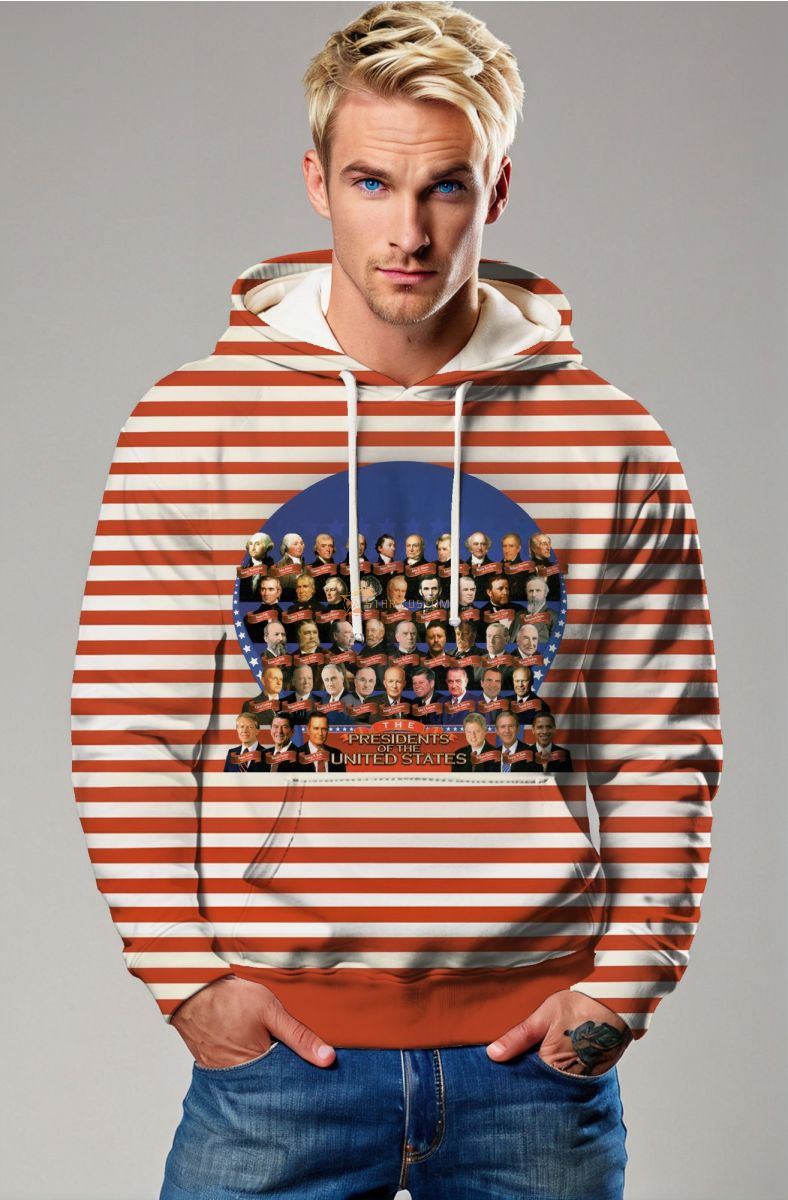Presidential Striped Orange Comfy Hoodie With Portraits
