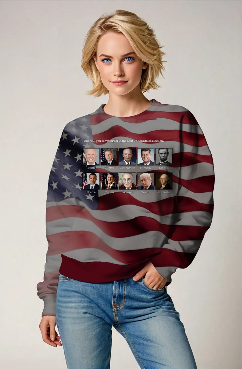 Comfort Soft Giant American Flag Presidential Print Crewneck Sweatshirt Gray