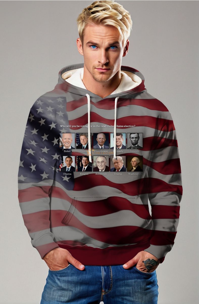Grey USA Flag Presidential Printed Hoodie Casual Extra Large Soft and Comfortable