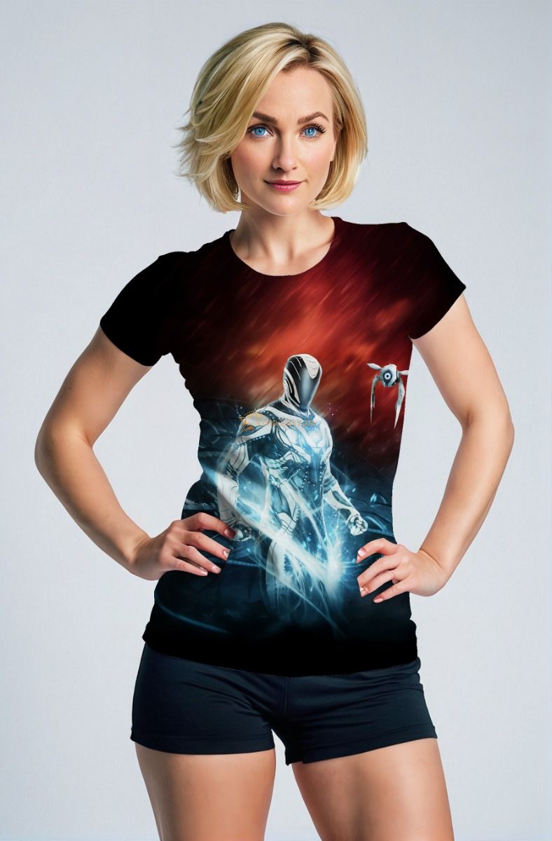 Futuristic Silver Warrior T‑Shirt – Deep Red & Black