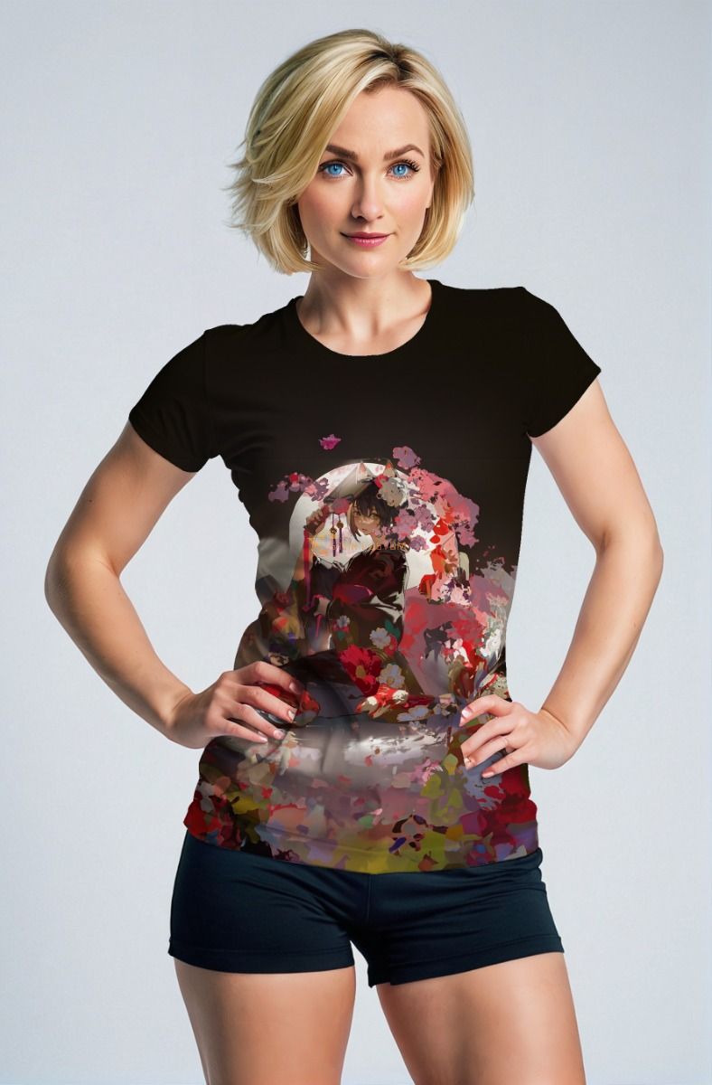 Black Anime Art T‑Shirt with Floral Accents