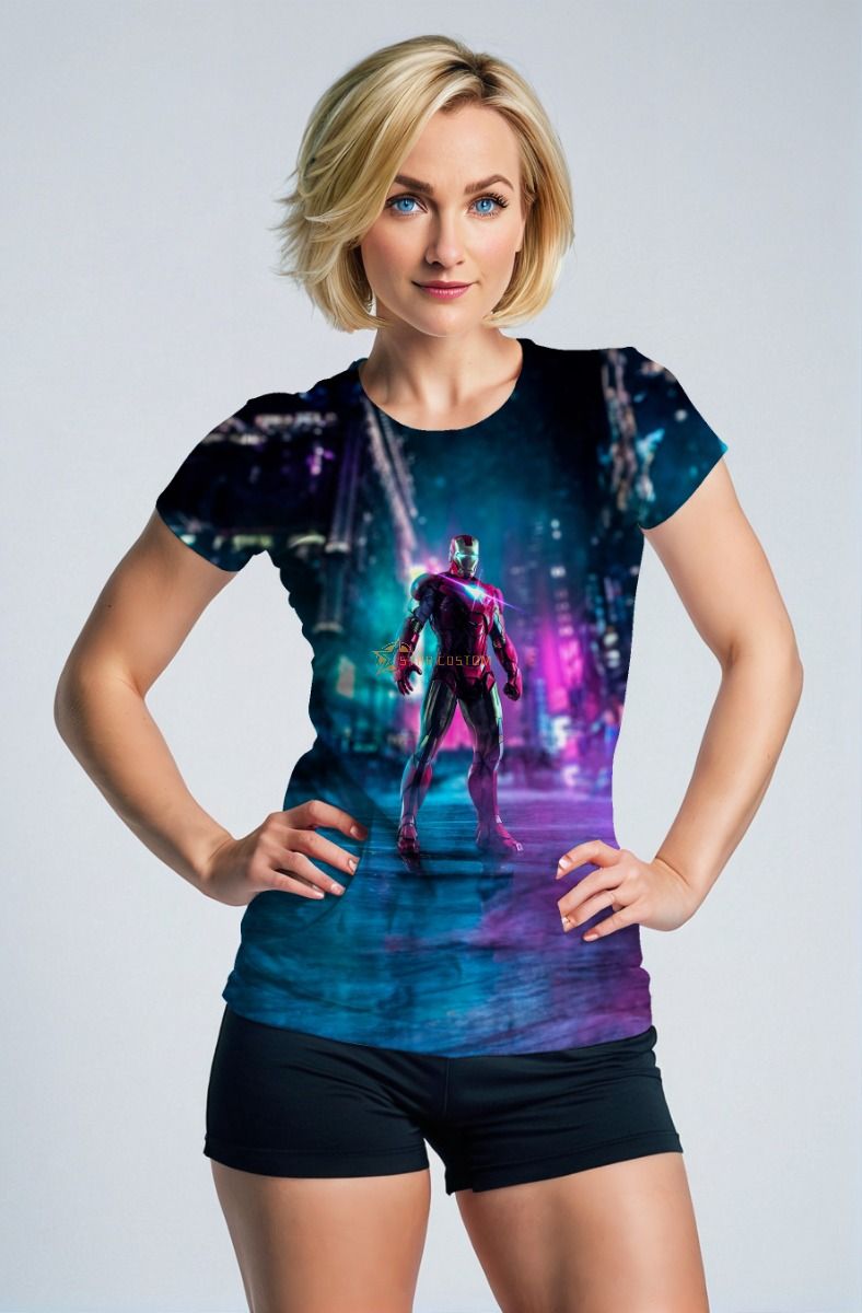 Dark Blue Iron Man Neon City Graphic T‑Shirt