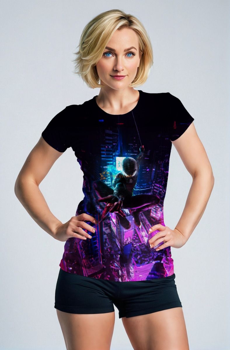 Dark Black & Neon Spider‑Man City Graphic T‑Shirt