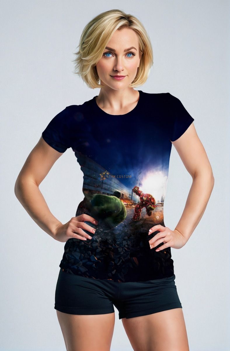 Dark Blue Hulk vs Iron Man Hulkbuster Battle Graphic T‑Shirt