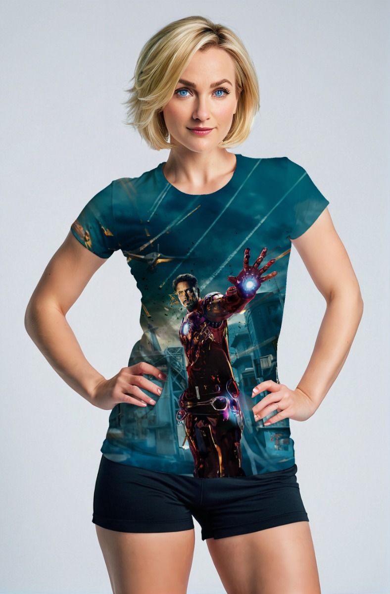 Teal Iron Man Battle Scene T‑Shirt