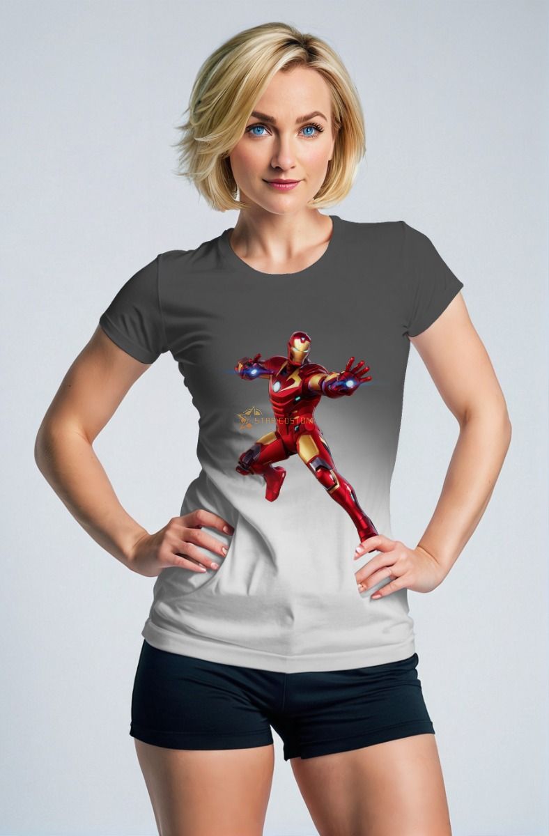 Gray & White Iron Man Graphic T‑Shirt – Heroic Red & Gold Design