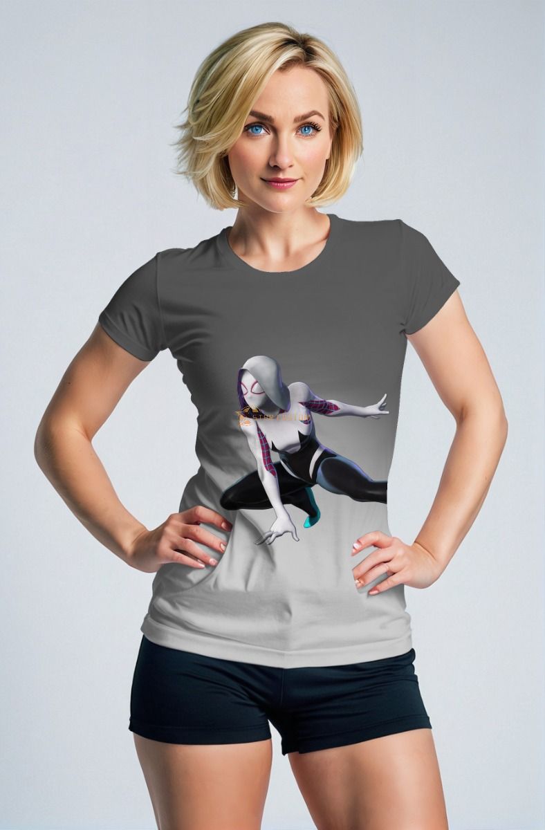 Gray & White Spider‑Gwen Graphic T‑Shirt – Dynamic Heroine Design