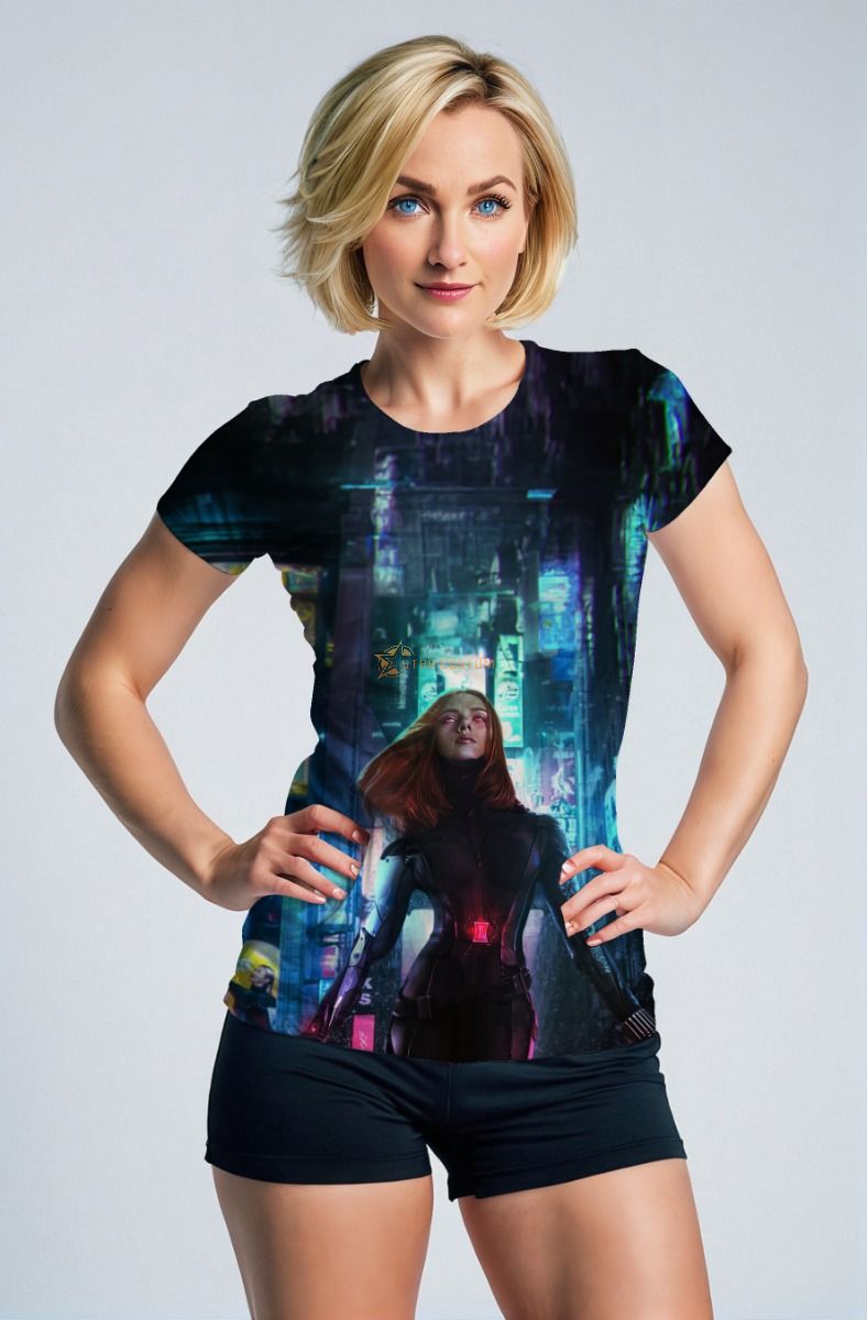 Deep Blue Cyberpunk Black Widow T-Shirt