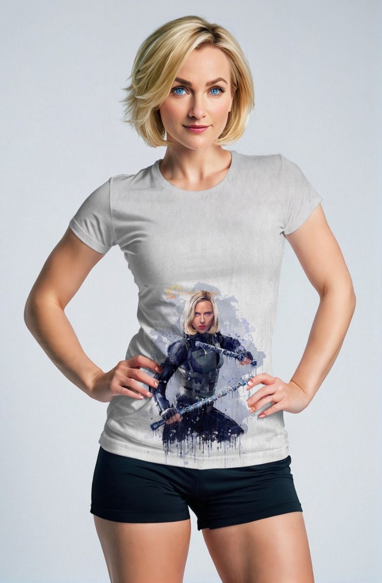White Assassin Graphic Tee – Black Widow in Watercolor Combat