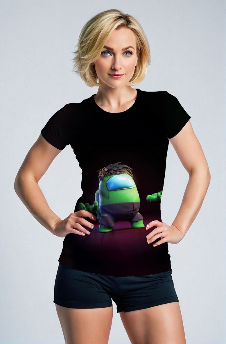 Black Tee – Cute Green Astronaut Character Glow Print