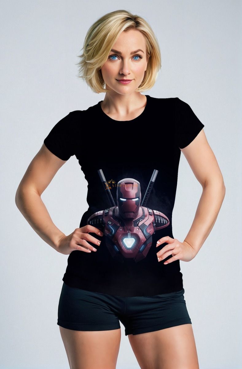 Black Tee – Red Tech Warrior with Heart Reactor Design