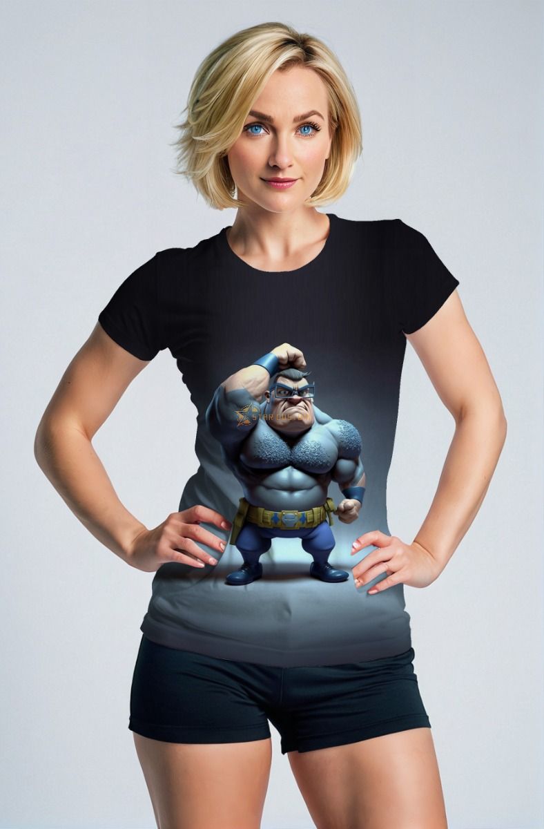 Navy Blue Tee – Cartoon Strongman Hero in Gradient Design
