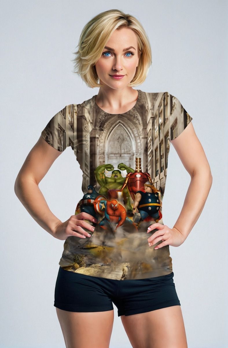 Cartoon Collision Tee – Beige Heroic Parody Graphic Shirt