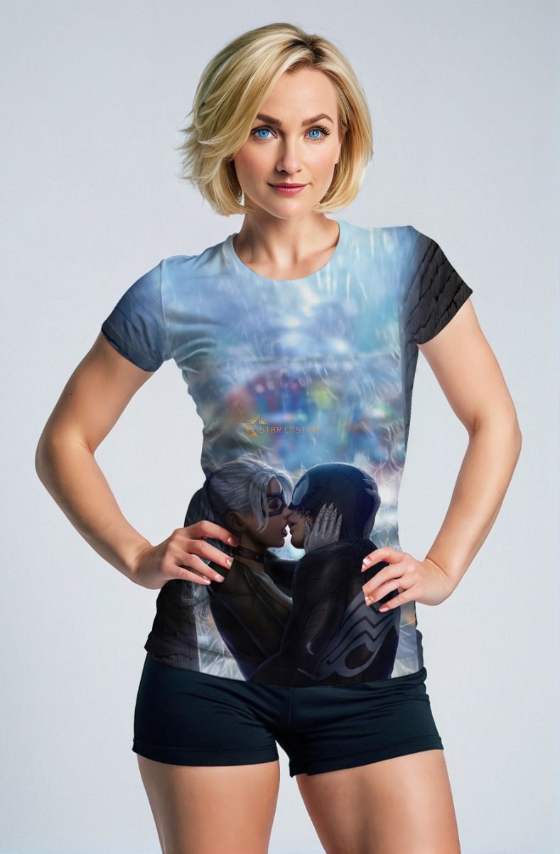Spider-Man and Black Cat Rain Kiss Blue & Black Marvel Design Women’s T-Shirt