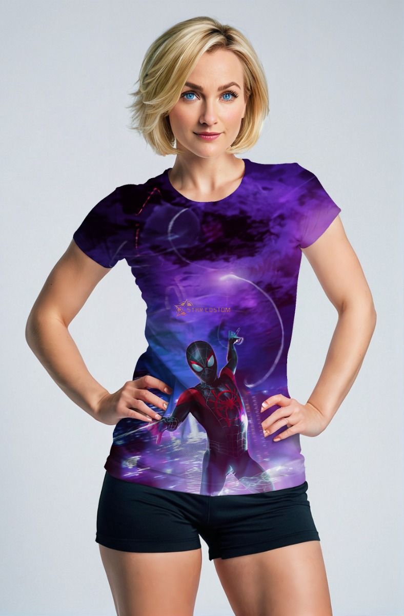 Miles Morales Into the Spider-Verse Neon Skyline Purple Marvel Design T-Shirt