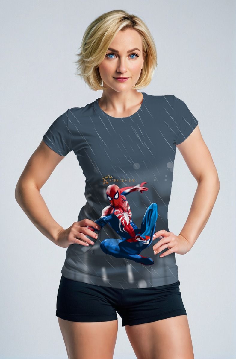 Spider-Man Web-Swinging Rain Scene Dark Blue Graphic T-Shirt