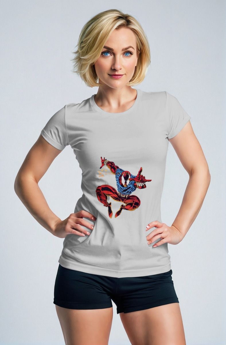The Scarlet Spider T-Shirt features a dynamic design inspired by Marvel's iconic web-slinger