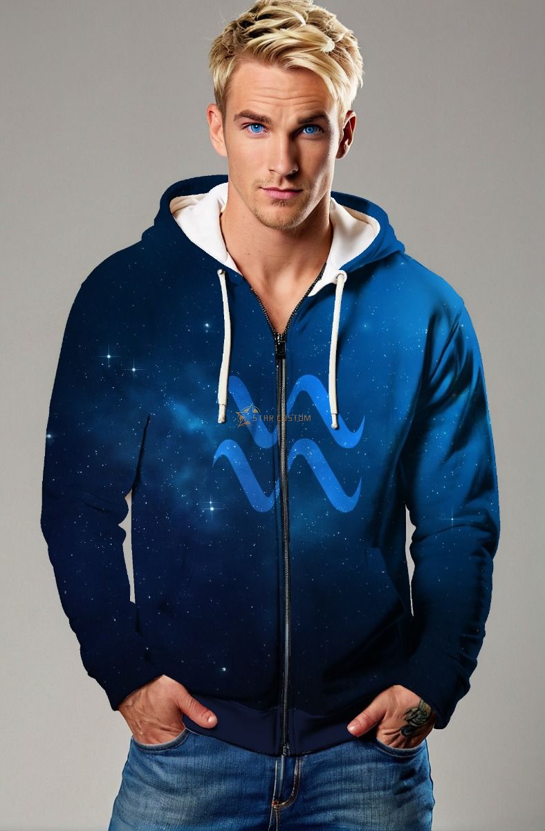 Aquarius Constellation Zip Hoodie Unisex Starry Sky Blue Design