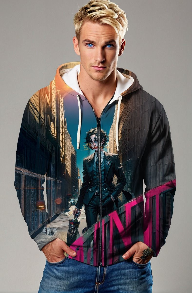 Black Joker City Scene Zip‑Up Hoodie