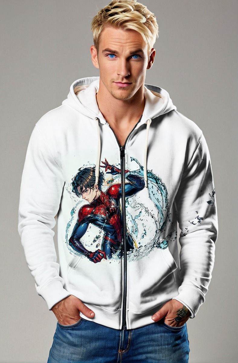White Spider-Man Water Splash Zip‑Up Hoodie