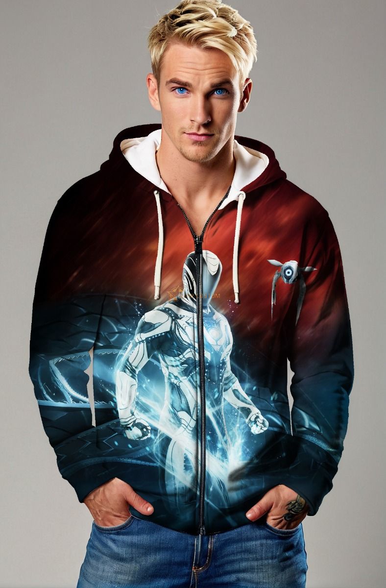 Futuristic Silver Warrior Zip‑Up Hoodie – Deep Red & Black