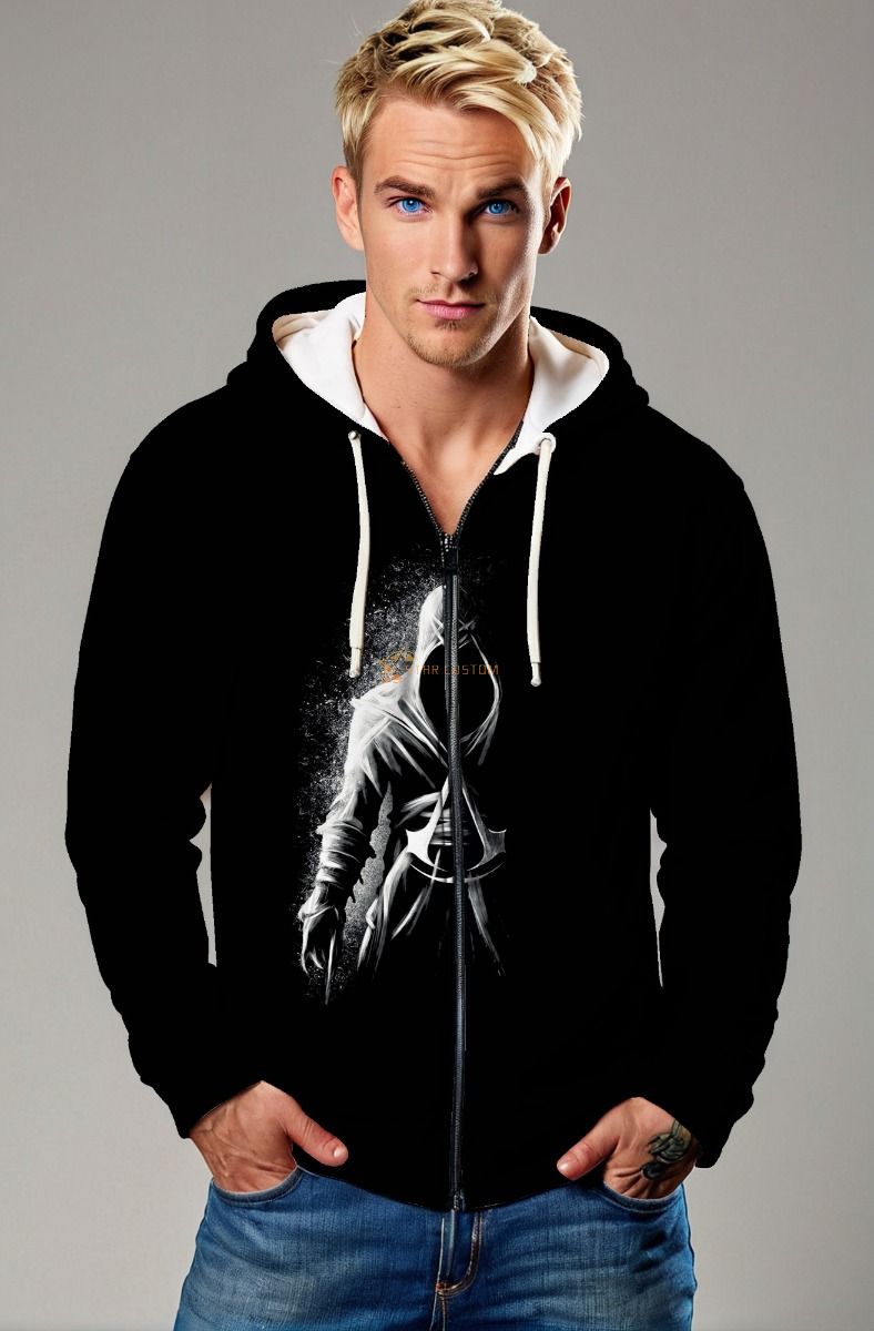 Black Assassin Warrior Graphic Zip‑Up Hoodie