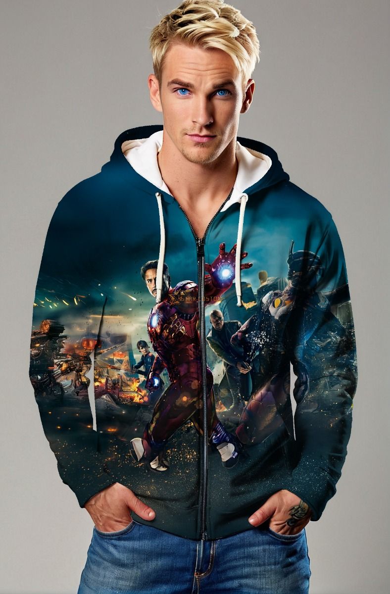 Dark Blue Avengers Iron Man Graphic Zip‑Up Hoodie