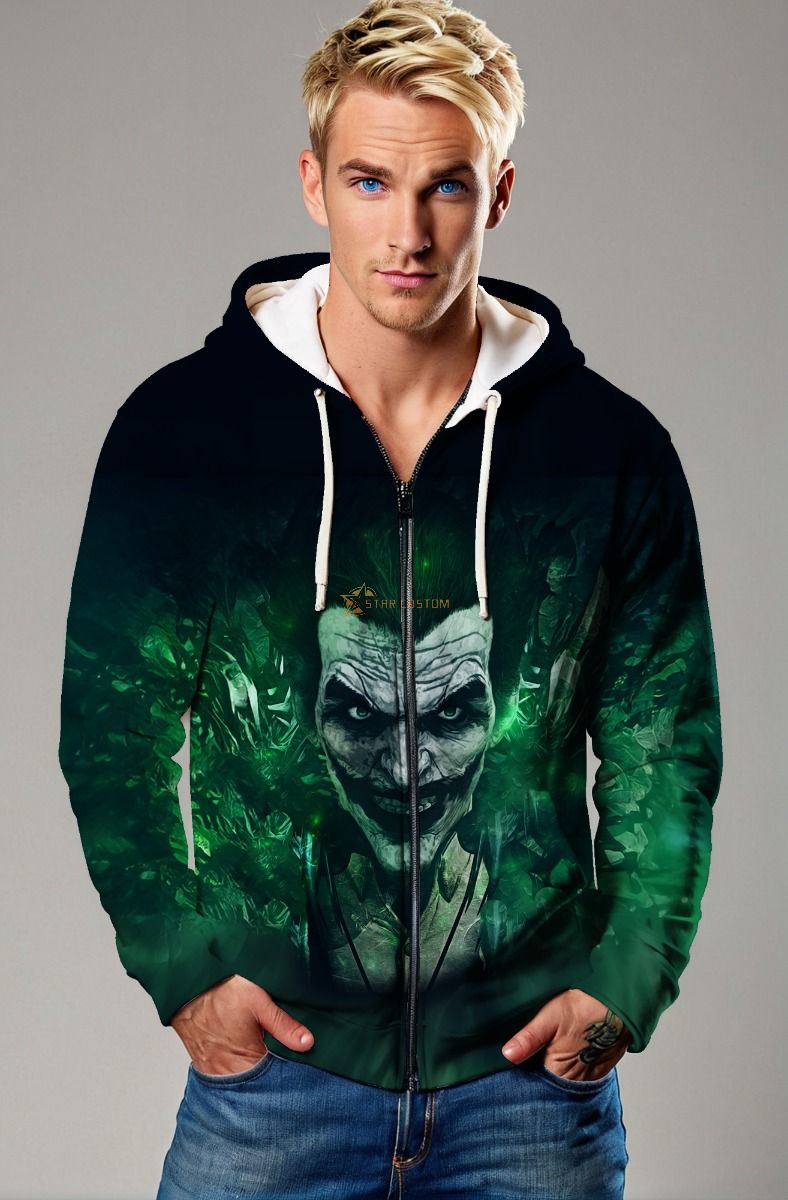 Green & Black Joker Graphic Zip‑Up Hoodie