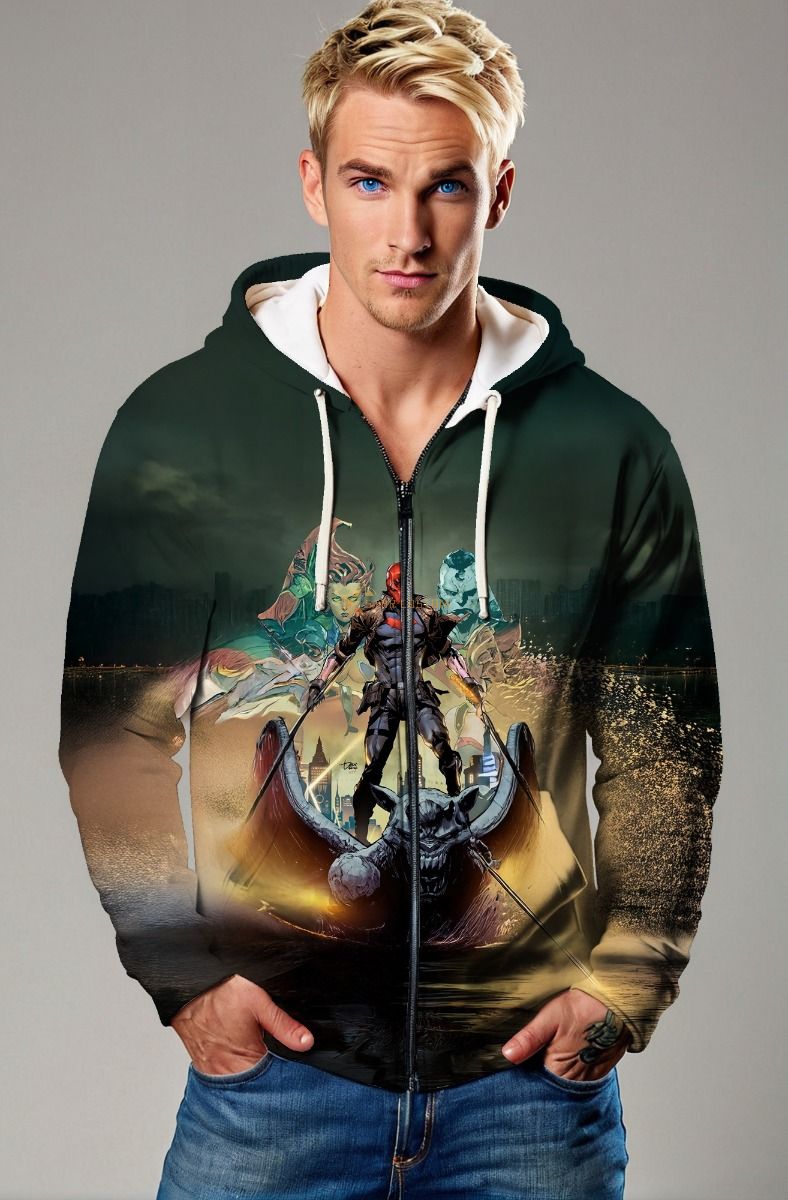  Dark Green & Black Red Hood Graphic Zip‑Up Hoodie