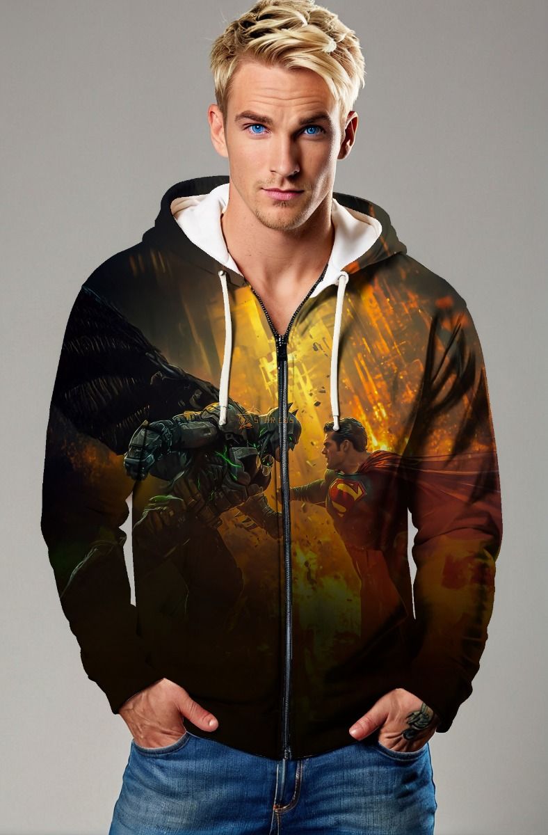 Black & Orange Batman vs Superman Graphic Zip‑Up Hoodie